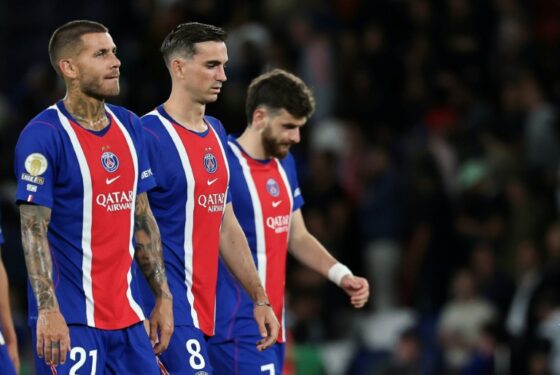 PSG players walking off the field after a defeat against AS Monaco in Ligue 1.