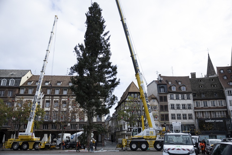 Des ouvriers installent le sapin de Noël sur la place Kléber à Strasbourg le 26 octobre 2026