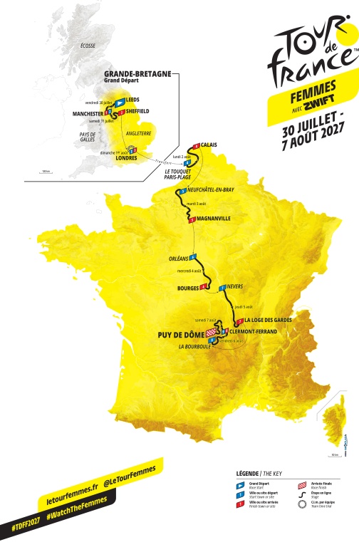 Carte du parcours du Tour de France femmes 2027 avec arrivée au Puy de Dôme.