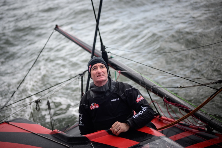 Jérémie Beyou à bord de son Imoca Charal, le 16 avril 2024 au large de Lorient