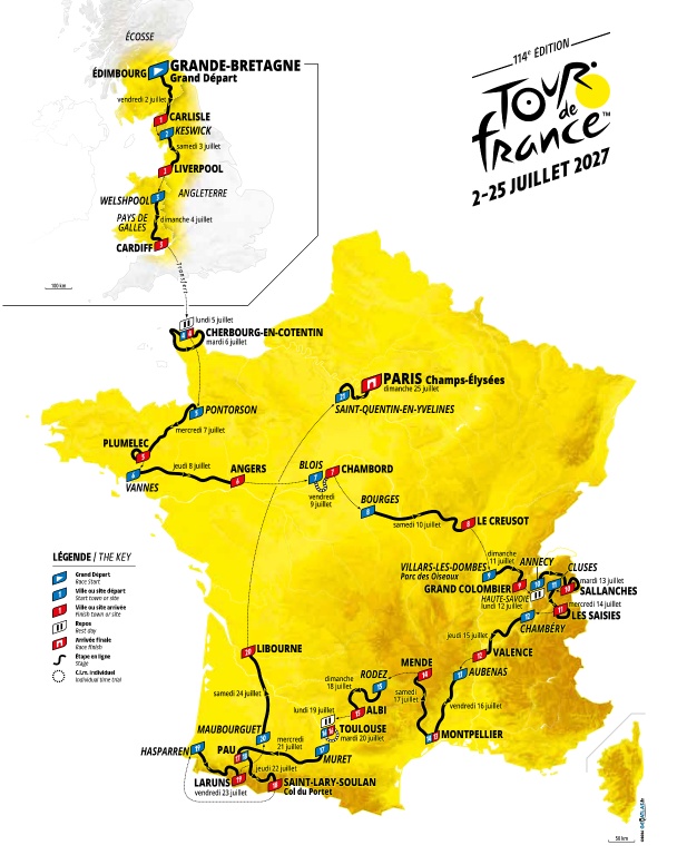 Carte du parcours du Tour de France 2027 avec départ d'Édimbourg.
