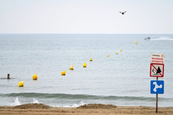 Un bord de mer avec des bouées de sécurité et un panneau de baignade interdite.