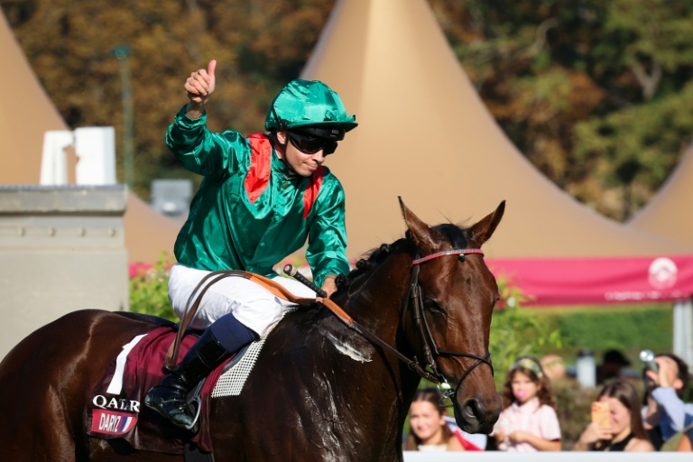 Mickaël Barzalona sur le pur-sang français Daryz remporte le Prix de l'Arc de Triomphe pour la deuxième année d'affilée, le 4 octobre 2026 sur l'hippodrome de Longchamp, à Paris
