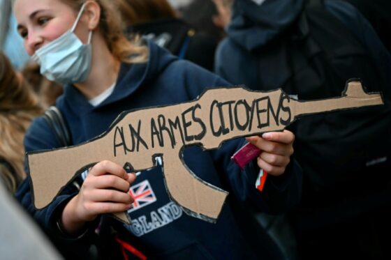 Manifestante tenant une pancarte avec 'Aux armes citoyens' lors d'une manifestation.